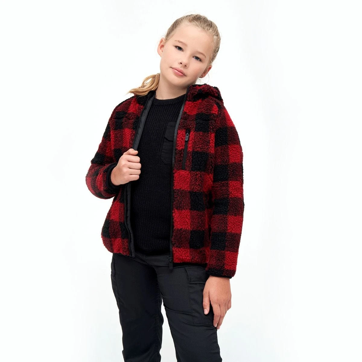 Brandit Kids Teddyfleece Hooded Jacket Red/Black - Image 3