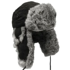 MFH Winter Cap Black With Grey Rabbit Fur